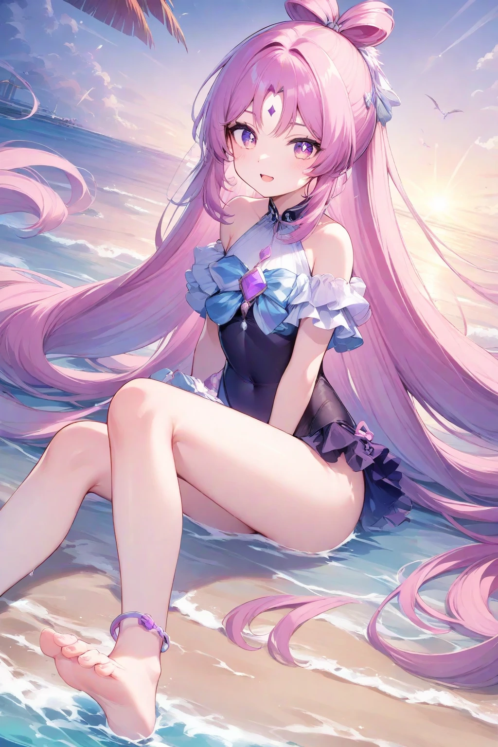 anime　Mermaid Girl　hoodie　Lying down with purple hair　Blue Tail