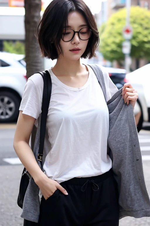 Beautiful photorealistic photograph of a beautiful girl with sunglasses half body pose (blue t-shirt) tight white pants cyberpunk paraphernalia, colourful cyberpunk short hairstyle, dynamic pose, cyberpunk street background, perfect proportions, abstract beauty, approaching perfection, pure form, concept art, by Brian Froud and Carne Griffiths and Wadim Kashin and John William Waterhouse, intricate detail, 8k post-production, high resolution, hyper-detailed, fashionable art station, sharp focus, studio photo, intricate detail, highly detailed