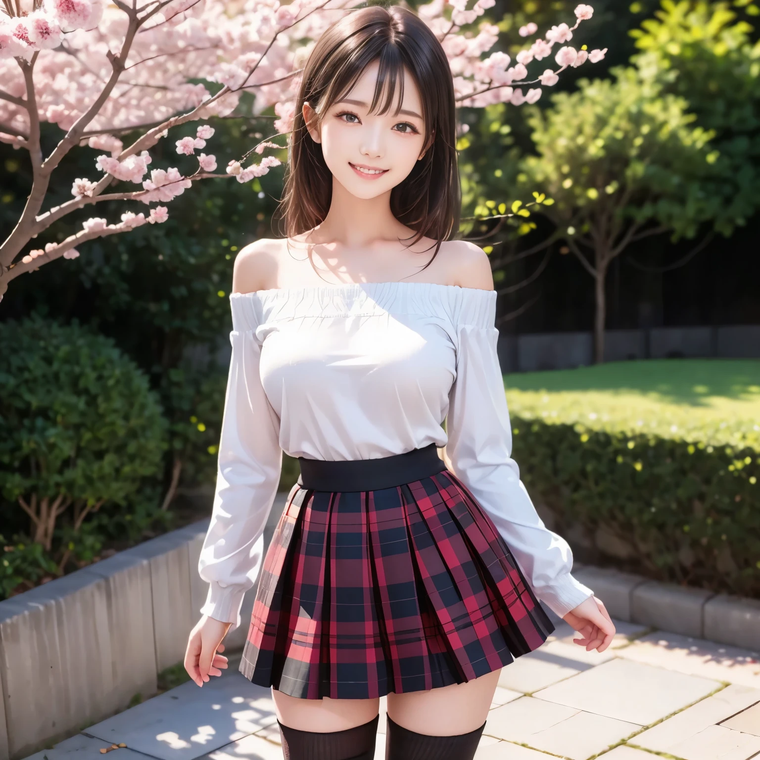 (masterpiece,best quality: 1.4),(8k,raw photo,photo realistic:1.2),shiny skin, detailed skin,detailed face,detailed eyes,Japanese idol,beautiful face,cherry blossom trees, under cherry blossom trees, one beautiful woman, beautiful Japanese woman, well-developed face, model figure, (long hair: 1.2), (off-the-shoulder shirt, plaid mini skirt, black knee-high socks: 1.3), (happy smile: 1.2), (standing),(wind is blowing her hair and skirt:1.4),