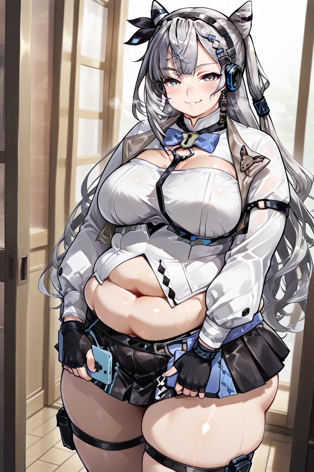 Anime Kawaii sexy Perfect Slim sensual body large breast and huge thighs, An intricate and highly detailed illustration of anime (Young Milf) , 1 girl, standing alone, White top, break, latex shorts, breasts big, white background, leaning forward, wink to the right, looking ahead at viewer