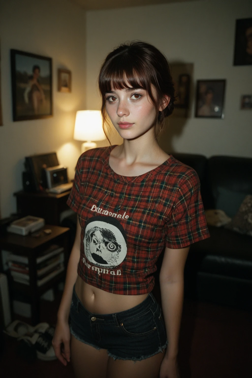 (analog photo:1.1), (a punk catgirl:1.15), (cat ears:1.1), red curly hair, (black t-shirt:1.15), (20 years old, young:1.2), , (pubic hair:1.1), choker, cream eyeliner, european, cozy bedroom, (neon glow, cyberpunk:1.2), waves, warm colors, (inviting expression:1.05), RAW Photograph, dslr, soft lighting, high quality, film grain, Fujifilm XT3, (nsfw:1.1), insane details, masterpiece, 8k, 35mm photograph, dslr, kodachrome, vignette, vintage, Kodachrome, Lomography, stained, highly detailed, found footage