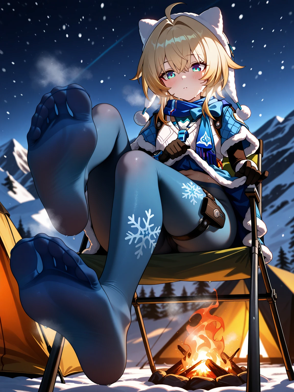 Highest image quality、(master piece:1.2)、detailed、Lynx、1 girl、solo、fart、blue eyes、lots of gas、snow mountain、night、Blue tights