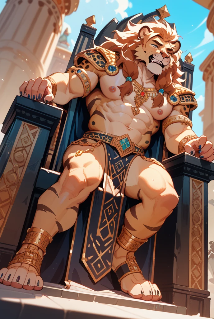 full body view, a muscular white european over-bodybuilded but looking fragile handsome man with undercut clean haircut of his brown with gold blonde streaks haircut, golden socks, indigo and gold neo-byzantine futuristic tight silky fullsuit, no shoes, gold rings, necklaces, bracelets, piercings, pierced nipples with gold rings and chains, with gold and indigo futuristic mosaics behind the golden and lapis lazuli throne on which he's lying, looking boring. a crowd of poor people begging him from around the throne hall