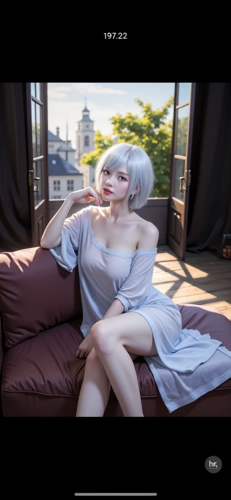 Best Quality, Single Girl, (Dakotaski: 1.0), Blue Eyes, Silver Hair, Short Haircut, (Medium Breasts), Red Lips, All (Sexy Sleepwear & Short)