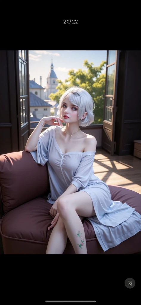 Palace of Heaven,White goddess blue eyes in human shape、beautiful body of a flower of a very attractive age with white pubic hair,,,,,,,,,,White Isekai Dress,short-hair,A smile,,Skinny Legs,Relax on the Cloud Sofa,Open your crotch,