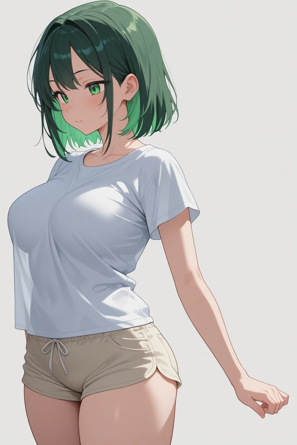 (masterpiece), best quality, expressive eyes, perfect face, short medium hair, two-tone hair ((blonde hair, green hair)), (glowing blue eyes), [thighs], skinny body, perfect body, [medium big breast], expressionless face, ((white t-shirt)), ((full body)), ((posing)), ((1 girl)), (((mature girl))), (((posing))), ((white background))