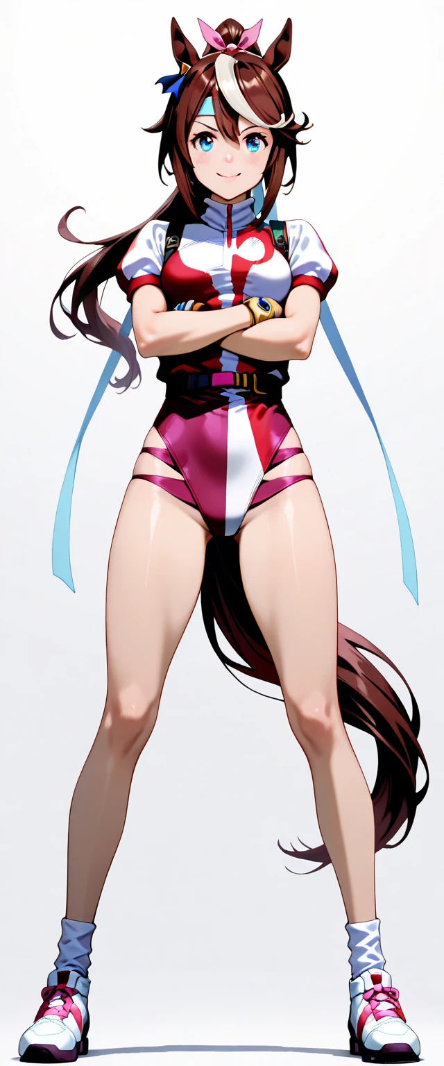 A beautiful woman with shoulder-length braided round hairstyle and red eyebrows is standing in an orange high-leg leotard with an open chest.。He wears a navy blue belt with a green light bulb on his stomach.。