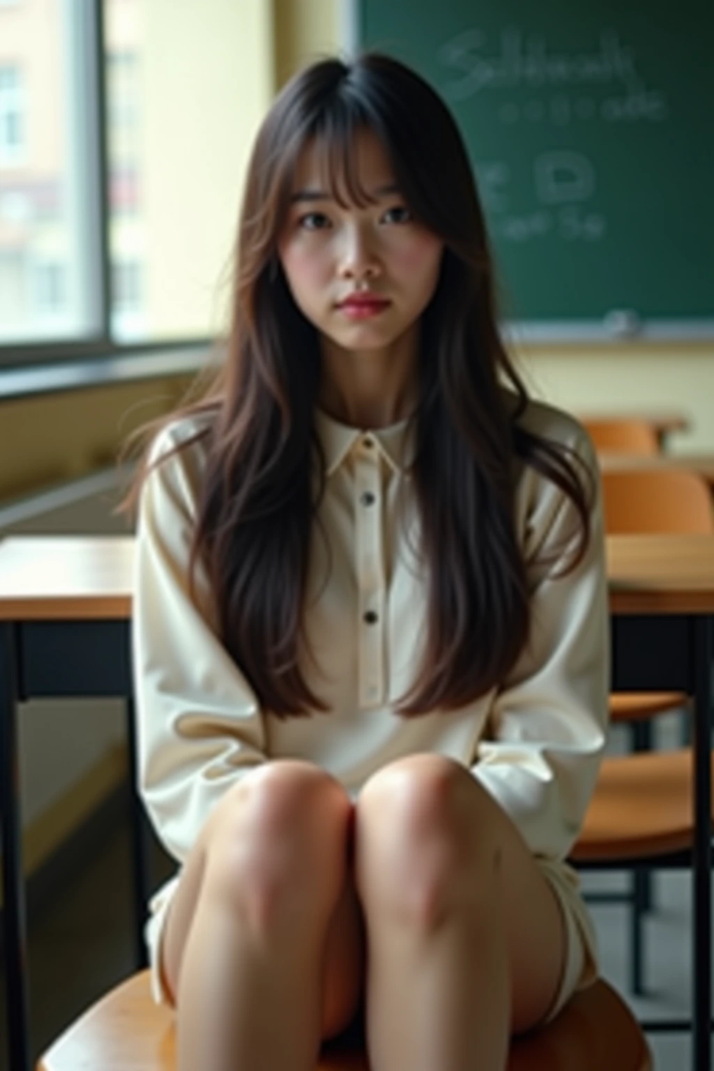 a young girl, big green eyes, round face, small nose, big lips, long purple hair, long eyelashes, pale skin, red cheeks, split chin, Green plaid skirt, long-sleeved white blouse, high socks, school shoes, in class room, in school, more students, naughty face, f/16, Canon, from below, Fujicolor, ray tracing, 16k, 8k, highres, best quality, award winning, high quality, high details, super detail, textured skin, anatomically correct, masterpiece, accurate