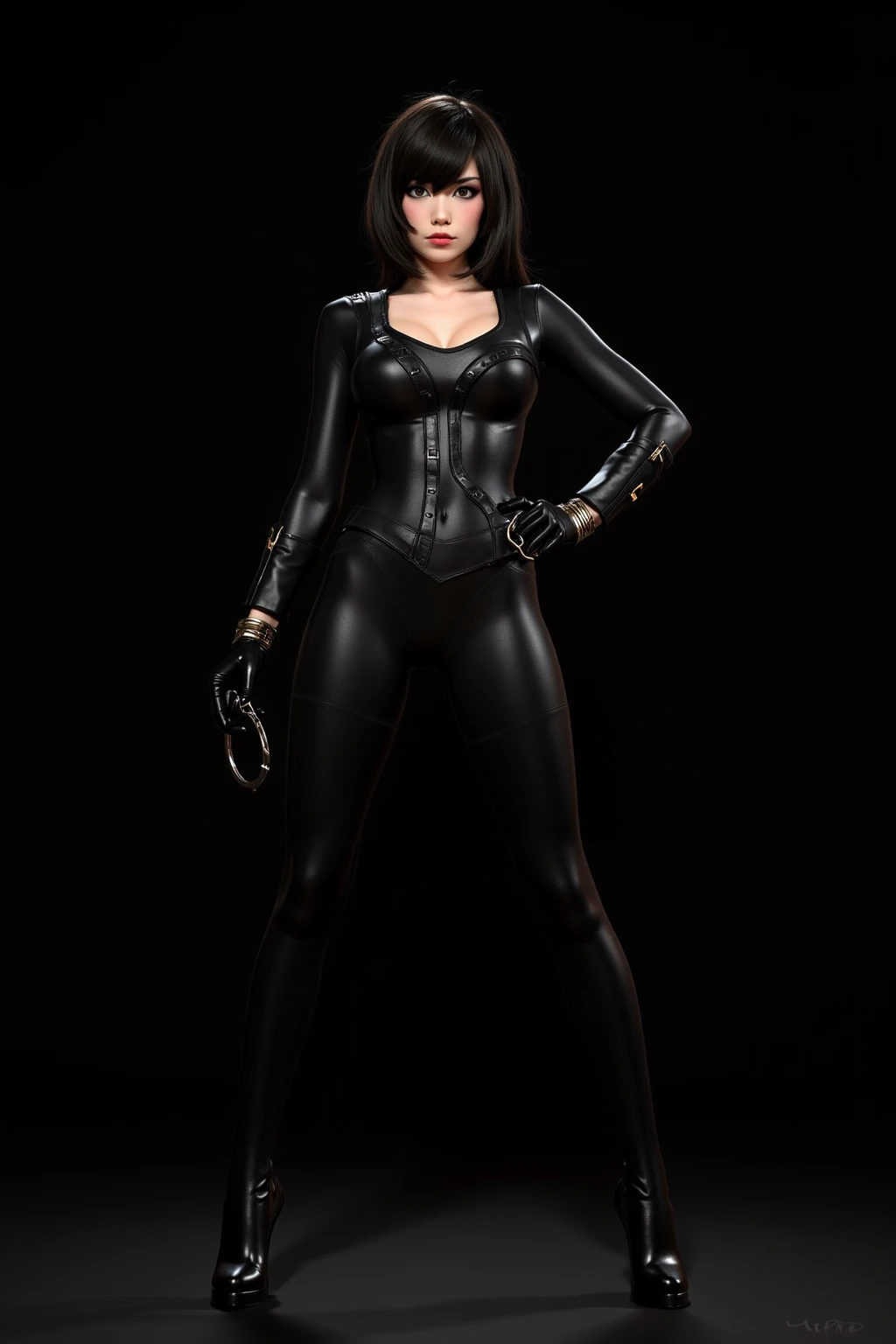 full body woman 25 years old blue eyes very, very long straight black hair, half hanging over her eyes blue by the wind in a leather jacket black leather pants brown leather boots highly detailed intricate light shadow effects digital bright colors sharp shadows