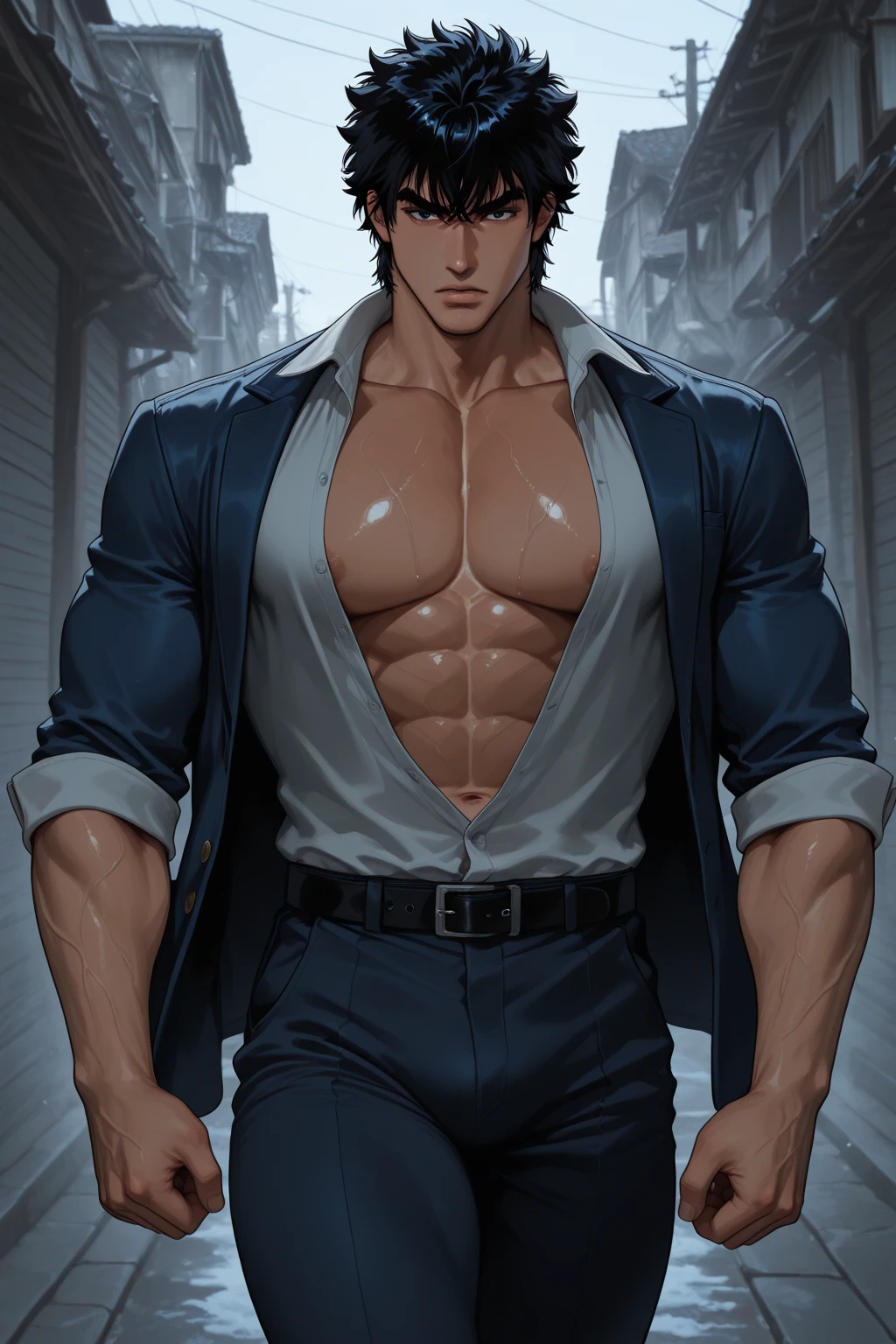 Detailed brown eyes, smirking