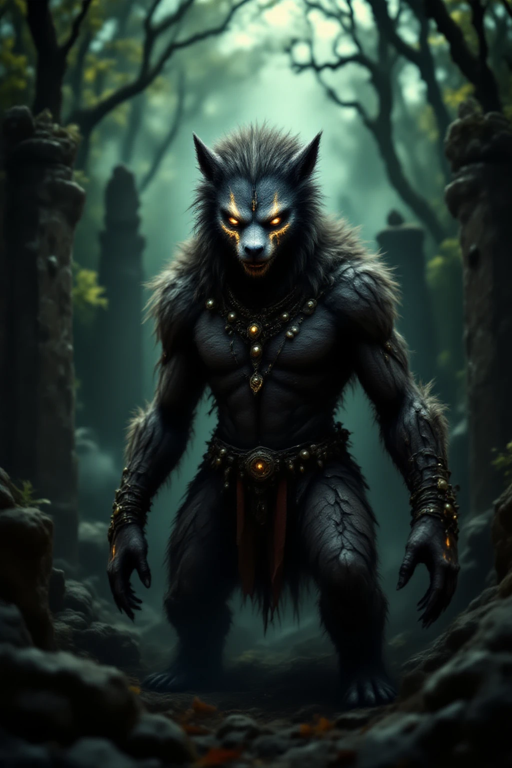 (medium full shot) of (beastly werewolf), dark grey fur, scarred body, wearing shredded shirt, enchanted talisman, set in a mystical forest with luminescent plants, hidden dangers, an unsettling quiet, during a full moon, ,Masterpiece,best quality, photo, realistic, very aesthetic, dark