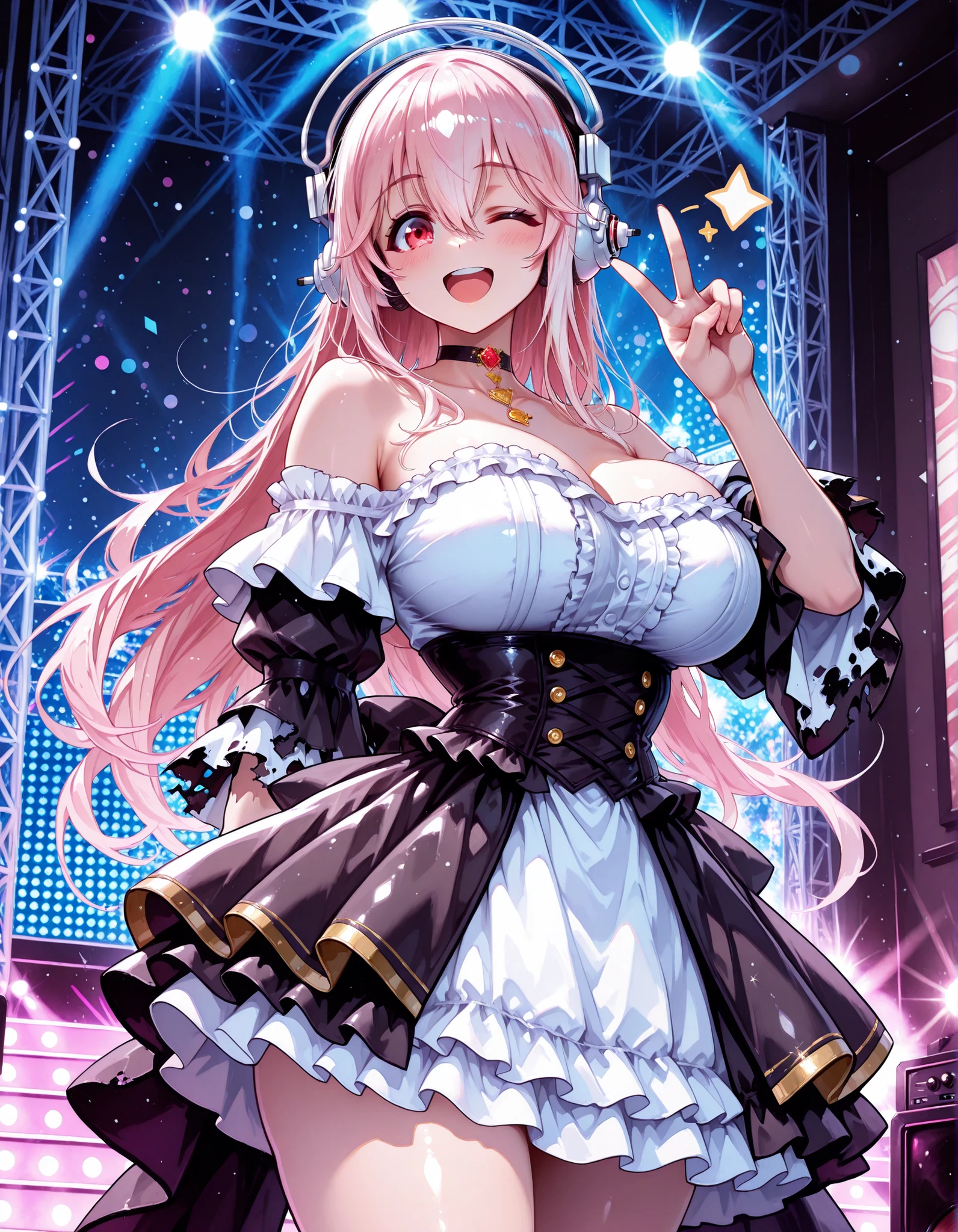 Sexy Girl, ((1 woman)), big boobs, watercolor, embarrassing, wink with your finger, with one eye closed, Smile, open your mouth, (V sign:1.4), cowboy shot, beautiful girl, (WHITE OFF SHOULDER DRESS ,コルセットドレス, Broken Sleeves , Frilled Costume, idol costume), high quality, 4K, 8K, high resolution, masterpiece, Ultra Detailed, anime style, HDR, UHD, Studio Lighting, Sharp Focus, Physical Based Rendering, Extreme Detailed Expression, Professional, bright colors, Bokeh, Super Sonico , long hair, pink hair, hair between eyes, jewelry, very long hair, gradation hair, pink hair, white hair, choker, Pure Bitch, Captivating Body, live house, Stage, luxury decoration with glittering letters, Sense of luxury, fashion portrait, Sensual, Enchanting, Sensual, charming