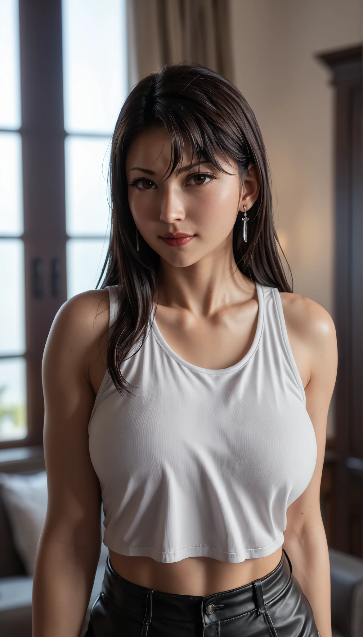 tmasterpiece，best qualtiy，highly  detailed，cinmatic lighting，Ray traching，available  light，cinematic compositions，CG，GameCG，bluntbangs，extremely detailed eyes and face，s the perfect face，shiny skins，big breasts beautiful，Female fitness instructor，Close-up of tearing clothes in living room，short detailed hair，(Peach buttocks)，Full body photo，Black slim fit sports bra，Black slim fit sweatpants，Hot body ，Sweet laugh，Look obliquely，（a plump buttocks），Kneelings，Long legs，Sexy belly，Black and white sneakers，sitted，cleavage，busty figure，Vest line，Abs，Fluttering hair，Hair ruffled behind your ears