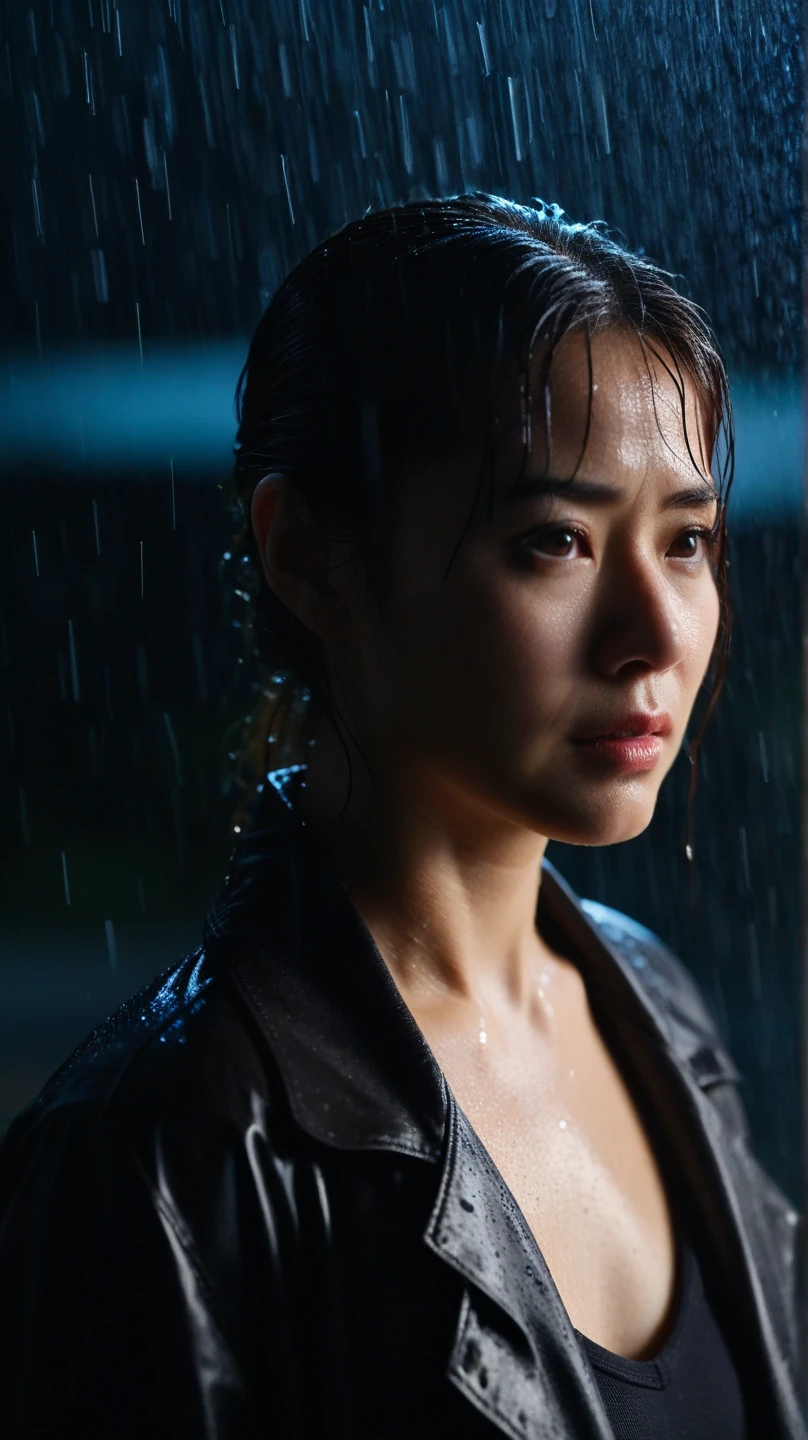 Wet roads ,drenched, Dripping, Wet Face,Wet clothes, Wet Skin, Wet Hair,A young woman with a cute face like a Japanese idol,(Cleavage),((Cinema lighting),(Natural light),(High level of artistry),(Artistic),(Quality indistinguishable from real life),RAW Photos,Genuine,Genuine,High resolution,RAW Photos,masterpiece, beautiful
