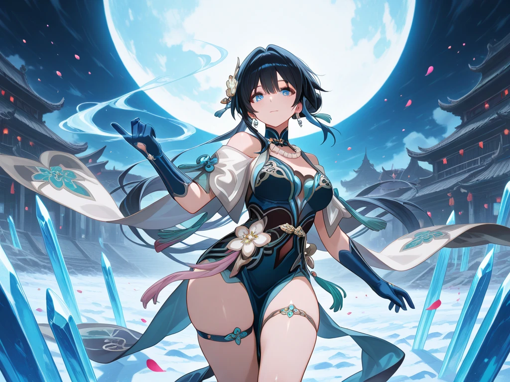 ((Hired \(Genshin Impact\))))((masterpiece、8L、War Photos、Highest quality、Realistic painting style、Cinema Lighting、Backlight)) Mid-chest、Great cleavage,A little bit of side boob is visible、Neck length laser tights、One Girl, alone,Long legs、Thin legs、Perfect Style、Long Hair, Blue Hair, Purple eyes,Horn、Neck bell, Black 80 denier pantyhose, Removable sleeves, Black gloves, Pelvic Curtain、Dynamic pose, Has a bow weapon,(moon: 1.2), (moonlight: 1.1), Starry Sky, (Particles of light: 1.1), Thick Fog、Crystal AI