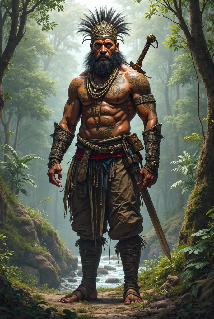 An Alifuru tribe man wearing a red cloth headband, holding my machete and my salawa