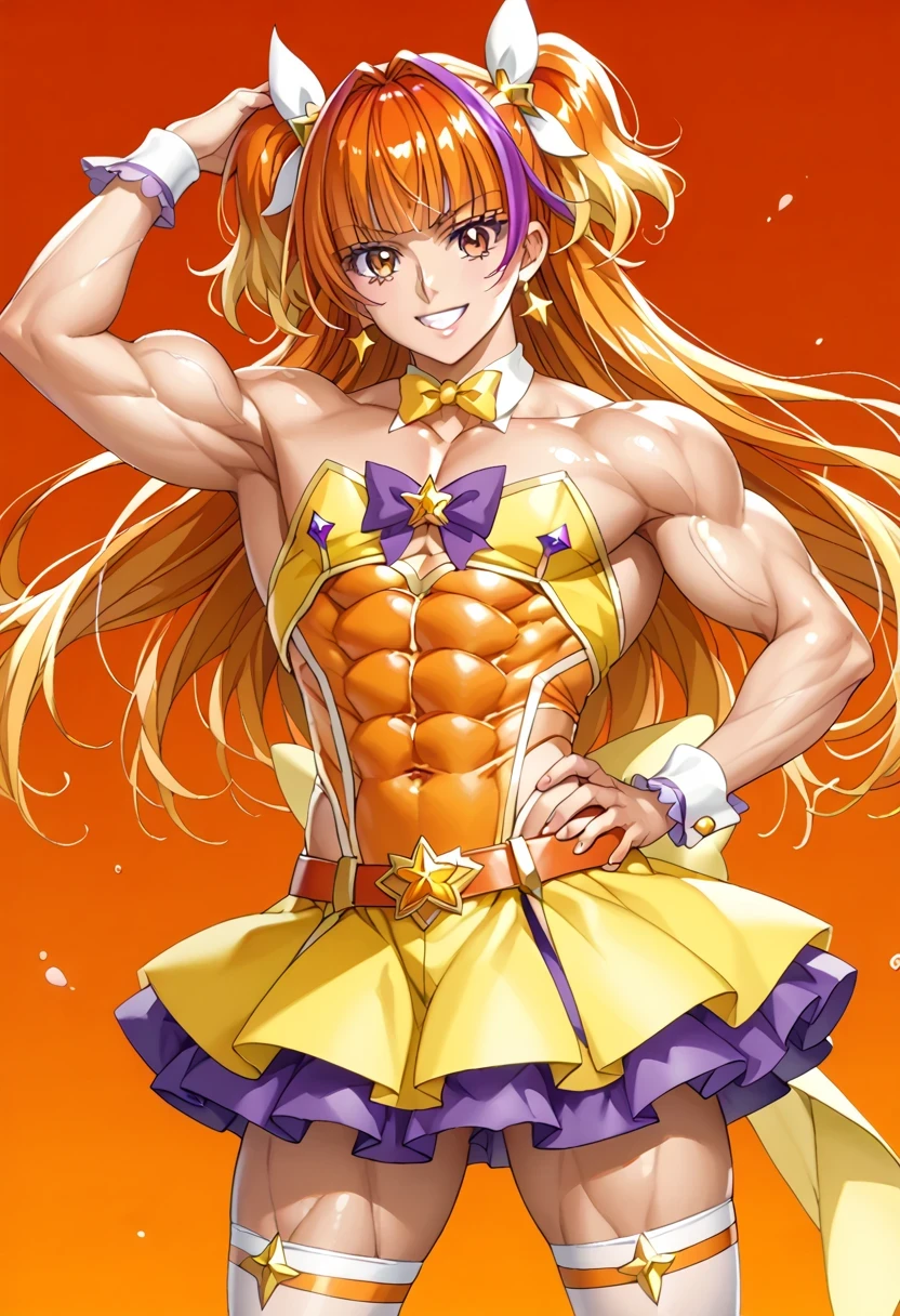 score 9 、score 8 up、score 7 up、source anime、傑作、Best quality、Best resolution、best image quality、anime coloring、anime screencap、1boy、cure twinkle、(male:1.6)、man is wearing a yellow strapless dress、solo、long hair、orange hair、low tied long hair、multicolored hair、brown hair、two tone hair、gradient hair、streaked hair、blunt bangs、high short twintails hair、low two side up hair、quad tails、Best image quality、sparking magical boy、official art、sexy anime boy、anime prince、official artwork、dress up ダーリン anime、yellow mini dress、yellow tutu skirt、purple puffy mini skirt、layered skirt、muscular boy、official anime artwork、beefcake taste、purple bow、yellow bow、Jewelry ブローチ、bare shoulders、bare arms、wrist cuffs、purple bow tie、orange belt、collarbone、trapezius、covered midriff、covered abs、covered navel、 covered stomach、upper pectoralis major、covered pectoralis major、biceps、biceps long head、biceps short head、triceps、triceps medial head、triceps lateral head、triceps long head、deltoids、anterior deltoids、middle deltoids、posterior deltoids、thigh muscles、semitendinosus muscles、covered hamstrings、covered adductor magnus muscles、purple mini skirt under the yellow tutu skirt、yellow strapless dress、naughty smile、lewd smile、magical boy、sexy boy、cool boy、adult boy、white thighhighs、official anime art、cure twinkle outfit、美しい、solo focus、official anime style、looking at viewer、male focus、cowboy shot、(male body:1.6)、beefcake style、(manly face:1.6)、orange background、purple background、gradient background、two tone background、multicolored background、