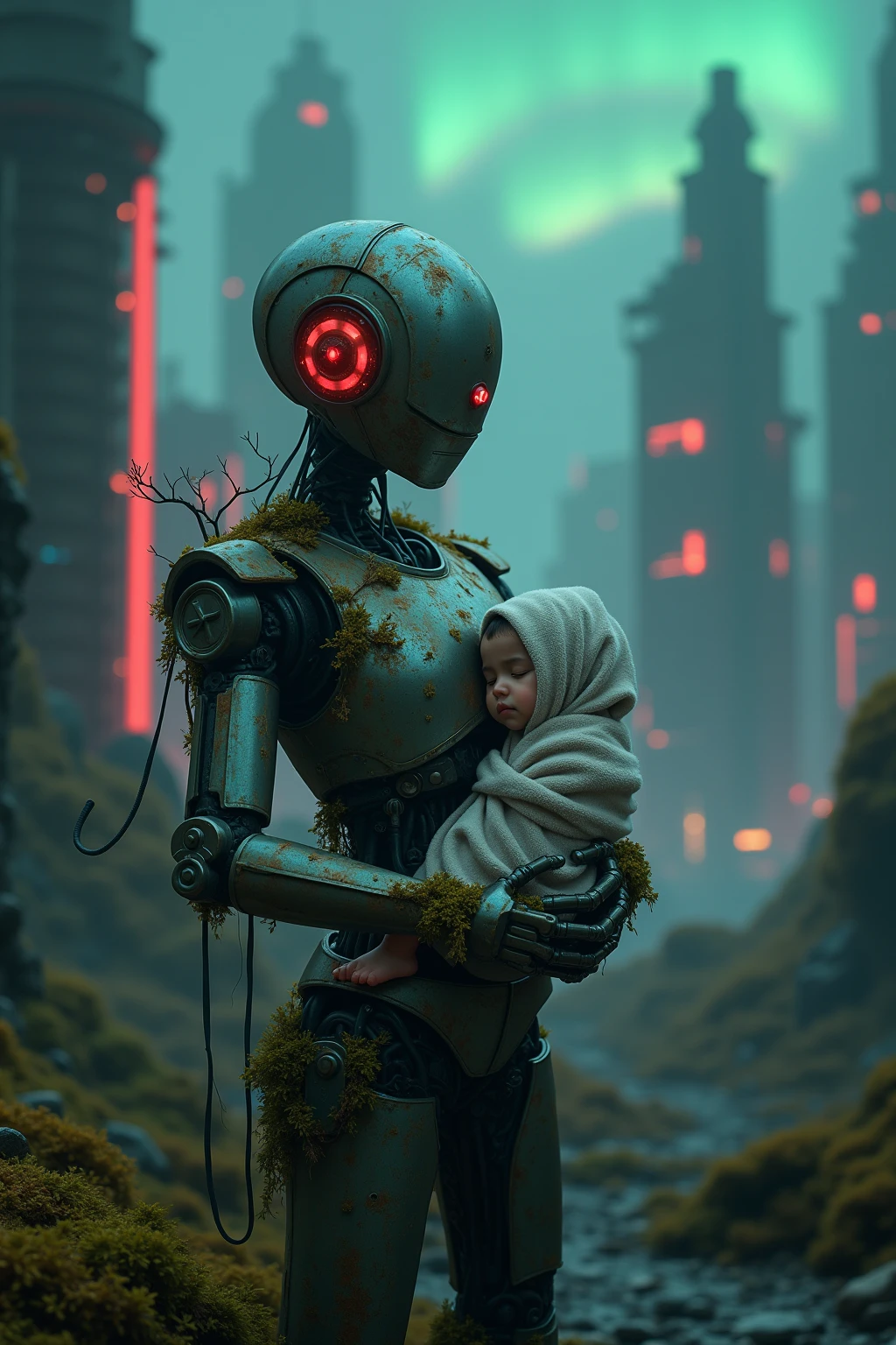 A biomechanical humanoid robot stands in the ruins of a neon - SeaArt AI