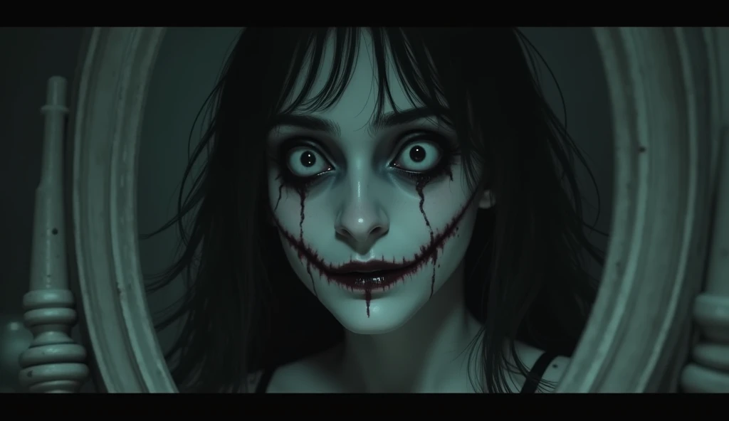 hyper-realistic 8K fish-eye jumpscare photo of a 10-year-old ghostly mediumistic telekinetic psychic girl with Asian features, She has black hair styled in buns and is wearing a red qipao, The scene is eerie, with scary kids and ants around her large feet., The atmosphere is unsettling and spooky, designed to evoke fear, The image should be in a 16:9 aspect ratio.