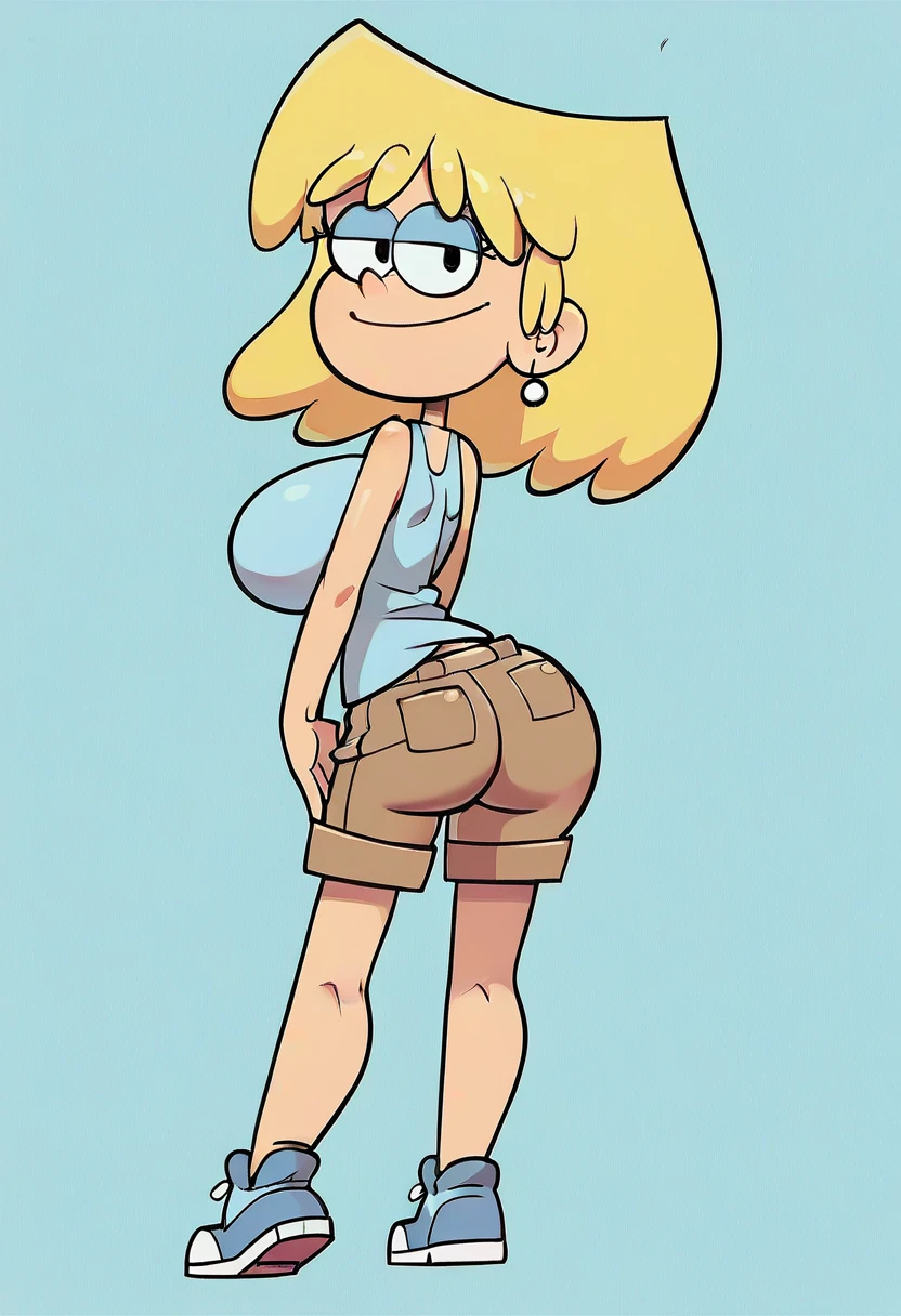 Full body image of Loud from The Loud House, full body in image, wearing her original outfit (light blue tank top, beige shorts, and light blue flip-flops), long blonde hair, female body, slender and athletic body, dynamic pose, detailed pose, simple background, expressive face showing a confident smile, focus on face, line art, sketch
