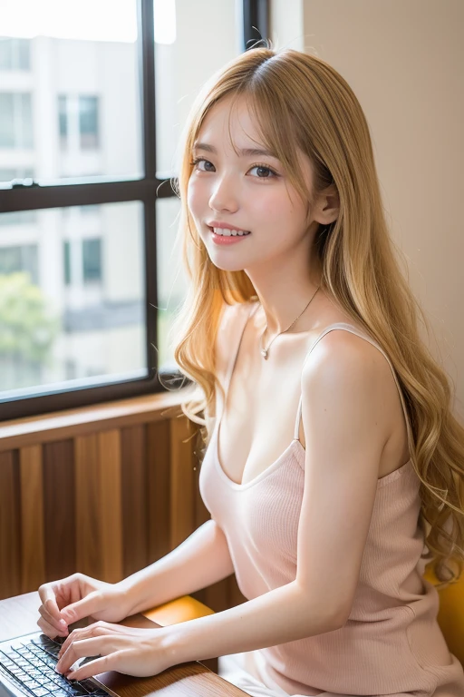 Korean, beauty, K-pop, long hair, Portraiture, actress, model, Idol, one person, Delicate and highly functional, High resolution, smile, teeth, Studio shot, lighting, Beige Hair