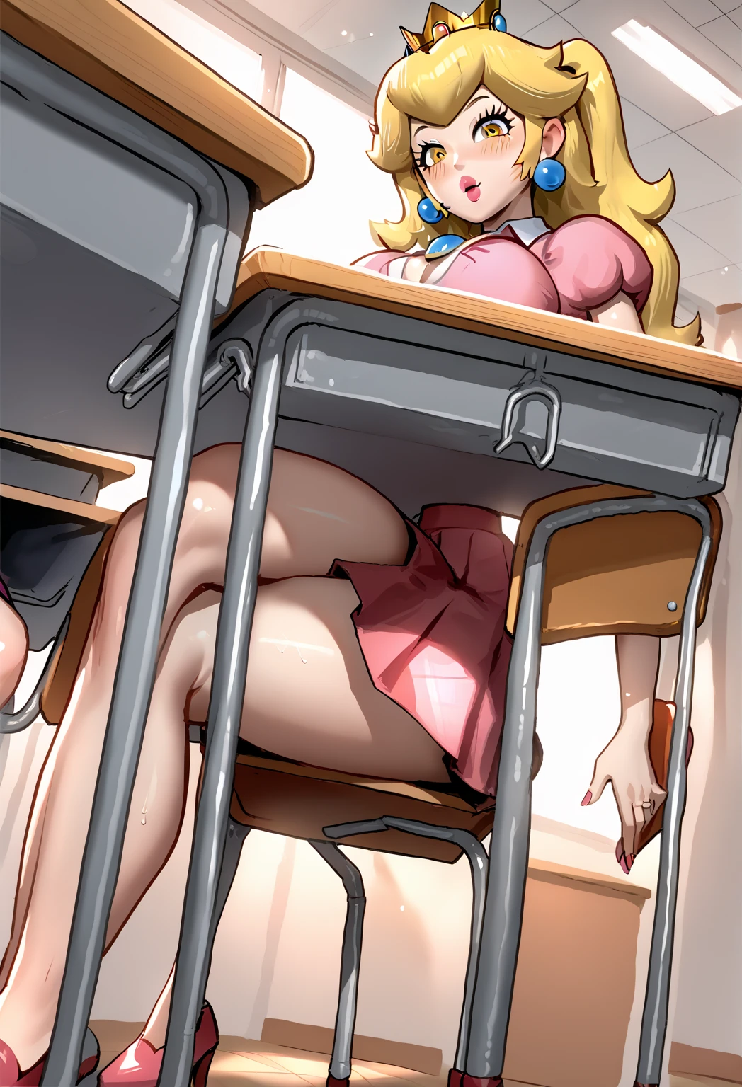 1 girl, (Updo, gold hair), nude, show large breasts, nipples, big thighs, show wet pussy, ?????, squat pose, ???????????? with a dildo in the classroom
