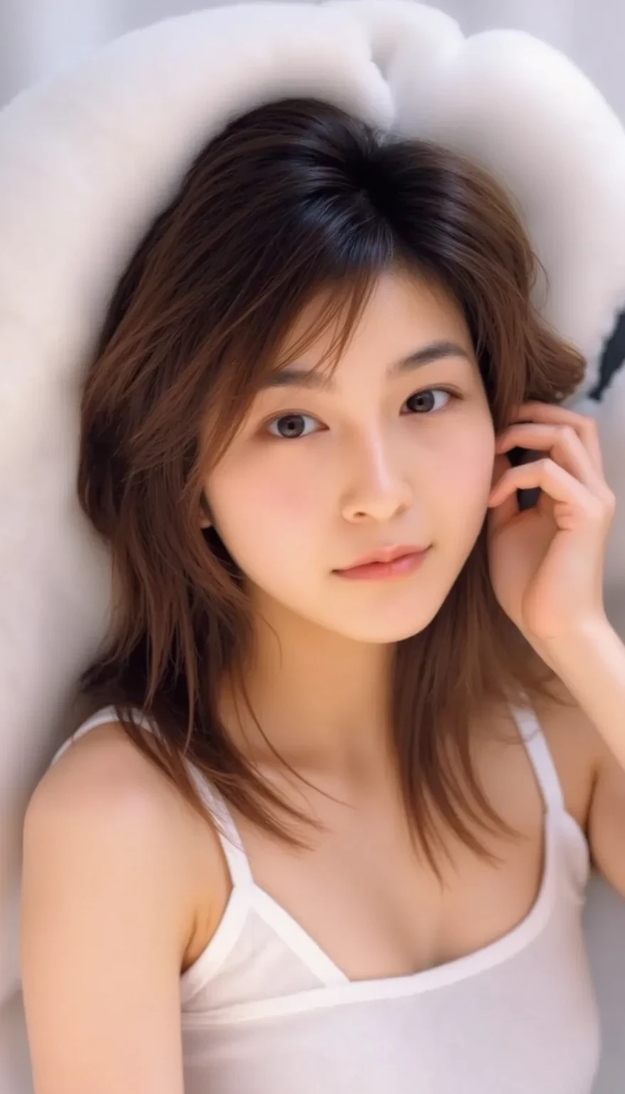 (((One girl,alone))),(Highly realistic photos, High resolution, Detailed face, Beautiful Eyes) Japanese women, 30 years old, Cute Face, Nice body, Medium chest, ,Hairstyle,  Take a photo book,Healthy Body,Thighs、turn over、Depth of written boundary,panties、Narrow eyes