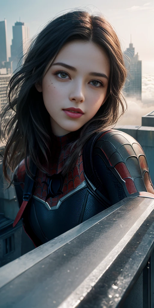 (1girl:1.3), Solo, (((Very detailed face)))), ((Very detailed eyes and face)))), Beautiful detail eyes, Body parts__, Official art, Unified 8k wallpaper, Super detailed, beautiful and beautiful, beautiful, masterpiece, best quality, original, masterpiece, super fine photo, best quality, super high resolution, realistic realism, sunlight, full body portrait, amazing beauty, dynamic pose, delicate face, vibrant eyes, (from the front), She wears Spider-Man suit, red and black color scheme, spider, very detailed city roof background, rooftop, overlooking the city, detailed face, detailed complex busy background, messy, gorgeous, milky white, highly detailed skin, realistic skin details, visible pores, clear focus, volumetric fog, 8k uhd, DSLR, high quality, film grain, fair skin, photo realism, lomography, futuristic dystopian megalopolis, translucent