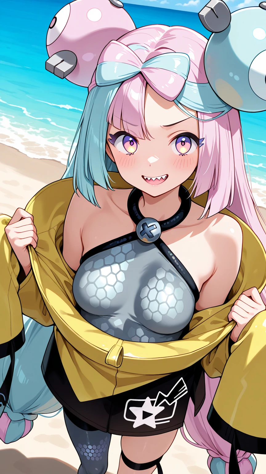 (A busty Malaysian woman, age 30, wearing a hijab and a crab themed bikini) waves a sign trying to get peoples attention for he Crab Shack diner she works at