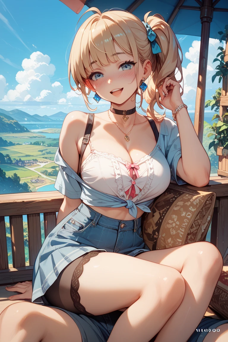(tmasterpiece:1.4,best qualtiy),(Complicated details),Unity 8k壁纸,((hyper HD, retinas, Masterpiece, ccurate, Anatomically correct, Textured skin, Super detail, High details, High quality, A high resolution, Best quality, Award-Awarded, 16k)),ultra - detailed,Long wavy,curled,Long waves,Long blonde hair,Purple pupils,((gigantic cleavage breasts)),(Denim vests do not wear underwear,Expose your chest,exposing your navel:1.5),(Super short skirt:1.5),sitting on the stone,The scenery behind you is beautiful,Wide crotch,The photo contains the upper body and thighs,ellegance,womanly,carismatic,Red Jewel,Blush Eyeshadow,Pure desire,((Legs crossed)), Dynamic angles and poses,Dutch angle