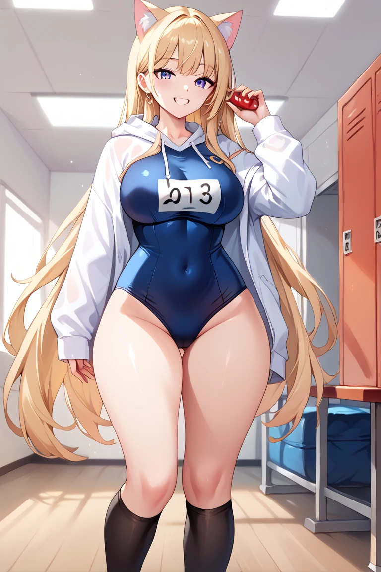 masterpiece、highest quality、7 head and body、8K、CG、1 female、wallpaper、Super detailed、Symphogear;1.2、Hibiki Tachibana;1.2、blonde、Short wavy hair、small breasts、、School、classroom、study、loose socks;1.0、Tight and tight school swimsuit、official、girl、big breasts、