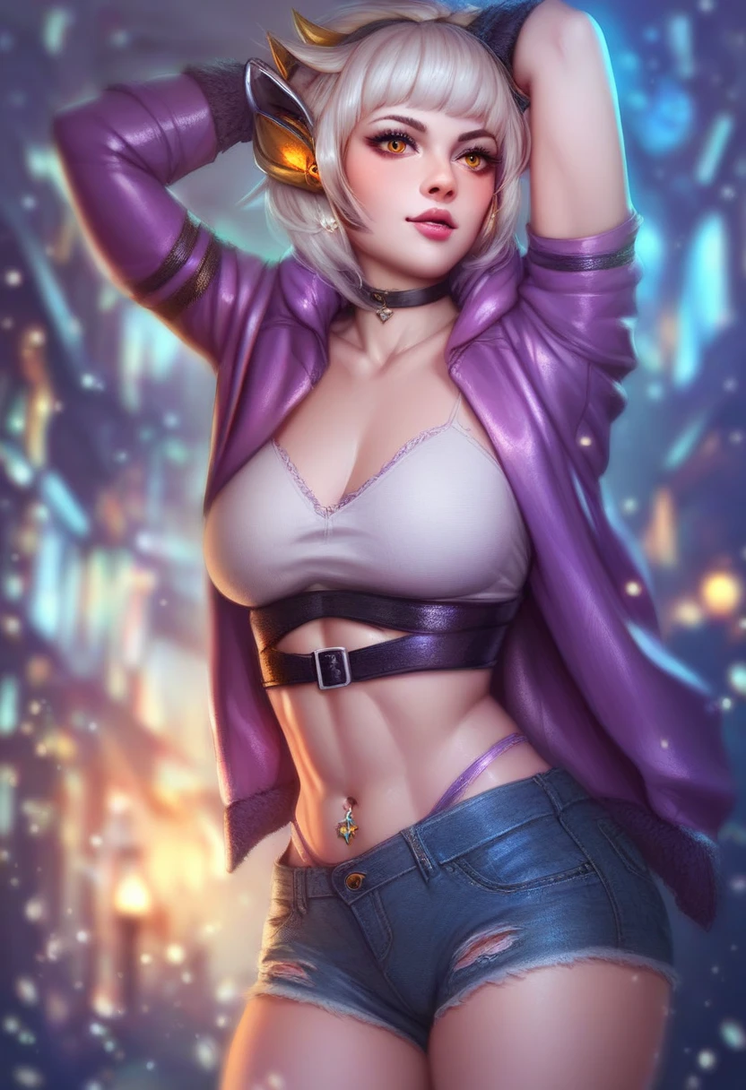 realistic, 1girl, (solo:1.5), white hair, purple eyes, glowing eyes, crop top, (underboobs:1.2), yoga pants, parted lips, big breasts, sagging breasts, (self breasts grab:1.5), blush, night, sun, sunlight, sea village, sea at night, night sky, port