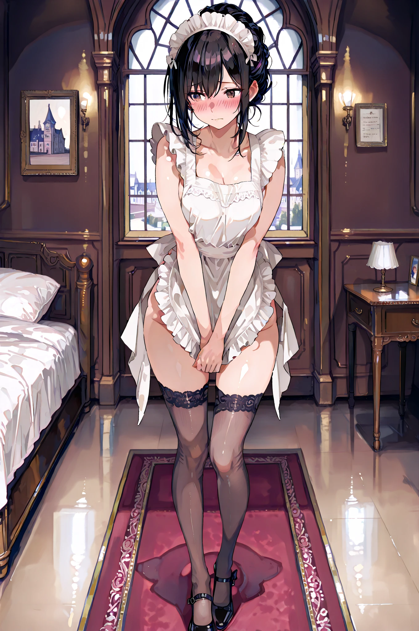 Japan Bride，Being in a hotel，on the beds，(get down on the bed:1.5)，(looks from behind)， （（（tmasterpiece）））， （（best qualtiy））， （（intricate detailes））， （（Ultra-realistic realism））， 8K resolution, Ridiculous resolution， Young Japan Woman， Ripe Japan Woman， see -through， ighly detailed， illustratio， 1.girl with, Cute, Innocent， （（Large breasts））， (areola of breast)，perfect hand， Detailed finger， Beautiful， wavy curly hair， Name badge， vd， （weddingdress:1.2），Colossal tits，Light Tulle Thin Wedding Dress, (Show your buttocks on all fours:1.4),  (doggystyle:1.4), Full body, semi transparent， Get wet，My chest was about to spill out of my clothes，(White lace see-through panties:1.2)， (white panty hose:1.2)，(White lace garter belt:1.2)，(White see-through mini skirt:1.4), (Flipping the hem of the skirt:1.4),neck rings，耳Nipple Ring， detailedbackground， Bedrooms， perfect hair，cocked ass，Reddened face，Ecstatic eyes, (I bent over to see her ass :1.2)、(Show me your sloping buttocks)、(posterior view)、(Back shot) see through panties, transparent pantie