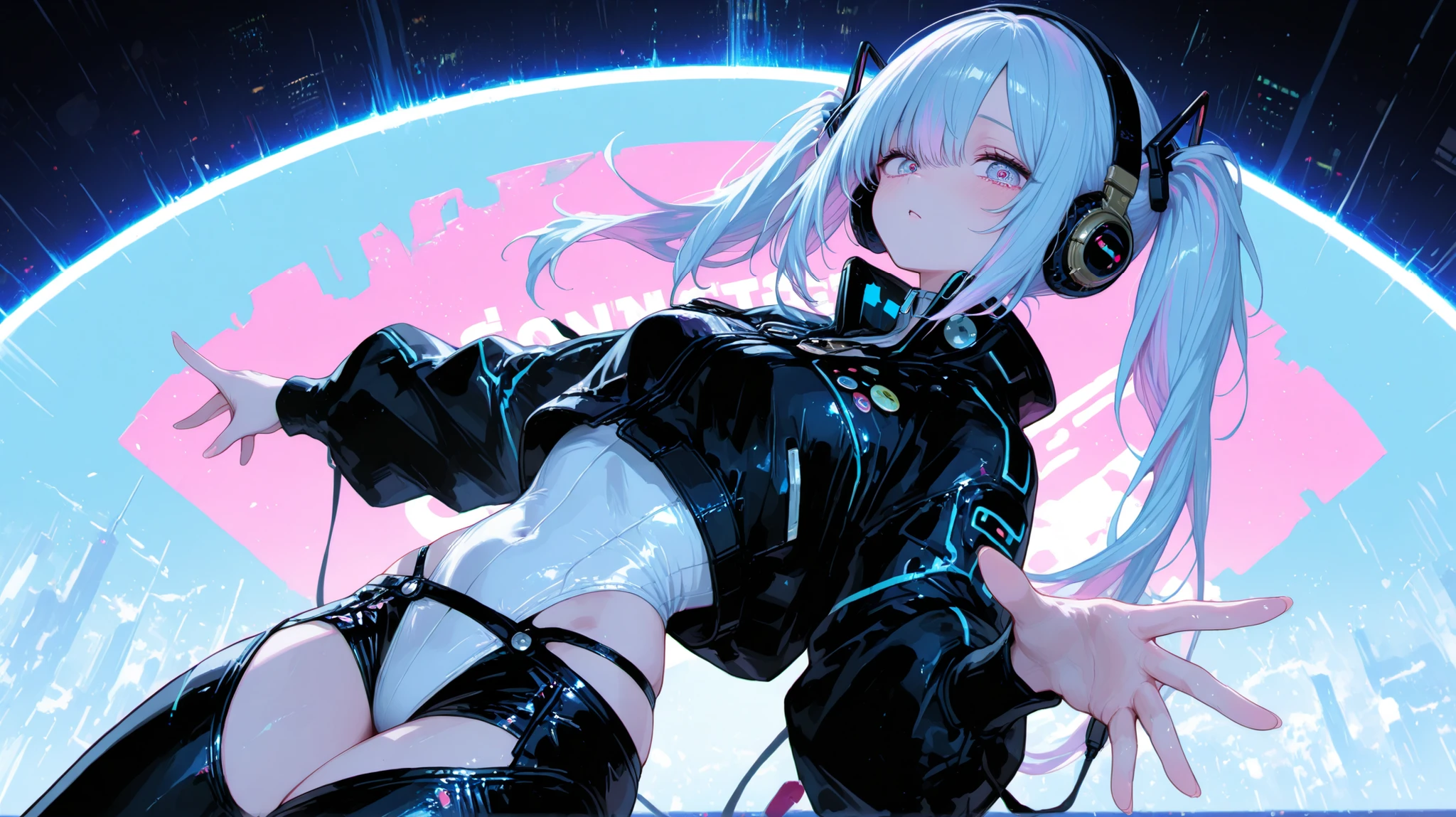 Wearing black and white cat costume、Blonde woman with headphones, Anime atmosphere, anime-inspired, Tifa Lockhart white hair, Anime Girl Cosplay, Belle Delphine, has long white hair, Cyberpunk anime girl, Fantastic cyberpunk girl, Cyberpunk anime girl in hoodie, female Cyberpunk anime girl, Electronic Girl, Electronic Girl, Perfect white-haired girl, Perfect girl