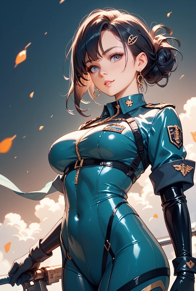((foto de corpo inteiro)), ((foto realista)), uma mulher, solo, militar, (colete: 1.2), 8k, high-res, obra-prima, melhor qualidade, (headpe: 1.3), pele finamente detalhada, seios enormes, tattoo, skirt, roupas transparente, sensual