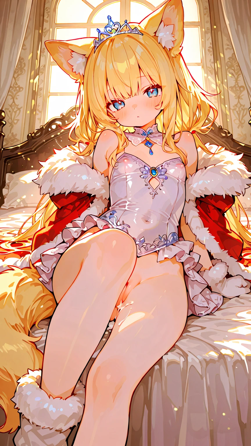 cat girl,long blonde hair,blue eyes,sexy,big chest,dressed in sexy white clothes,with long red boots