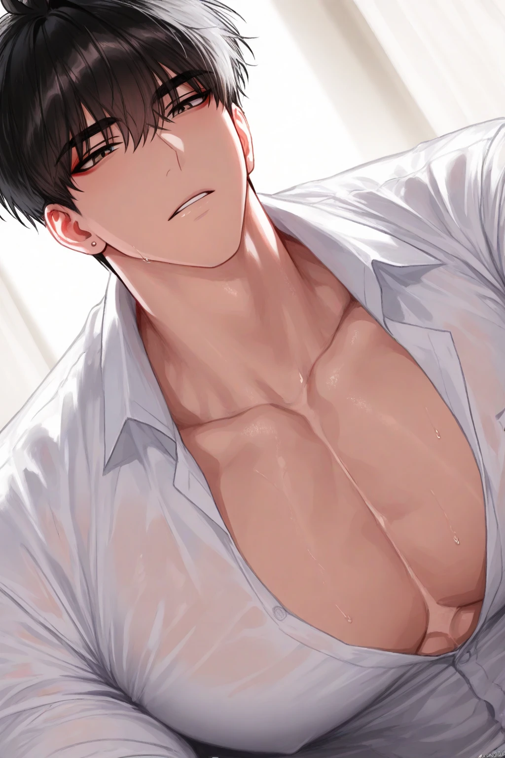 A sexy man ,with a magnificent penis, sitting on a luxurious hall, (he is drunk 1.5), alcoholic, tired expression