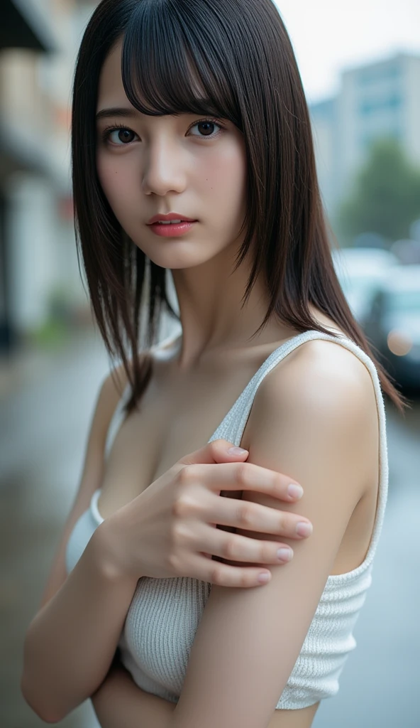 Highest quality, masterpiece, Ultra-high resolution, (Realistic:1.4), RAW Photos, (Real skin texture:1.3), (Film Grain:1.3), Panorama, Portraiture, Very wide shot, Tight waist, Cowboy Shot, (in the dark, Deep Shadow, secret key, Cold Light,) night, close, Tears flow, indoor, Dust, Tyndall effect, sad, It was too bad, dark (performance), Sitting, (Against the wall), Are crying, Frowning, (head lowered), Nervous, tear up, , 1 Junior Idol, The body is slim、Beautifully detailed eyes and face, double eyelid、Tear bags、Watery eye、Cute pink nipples、Off the shoulder, Brown eyes, White loincloth,
