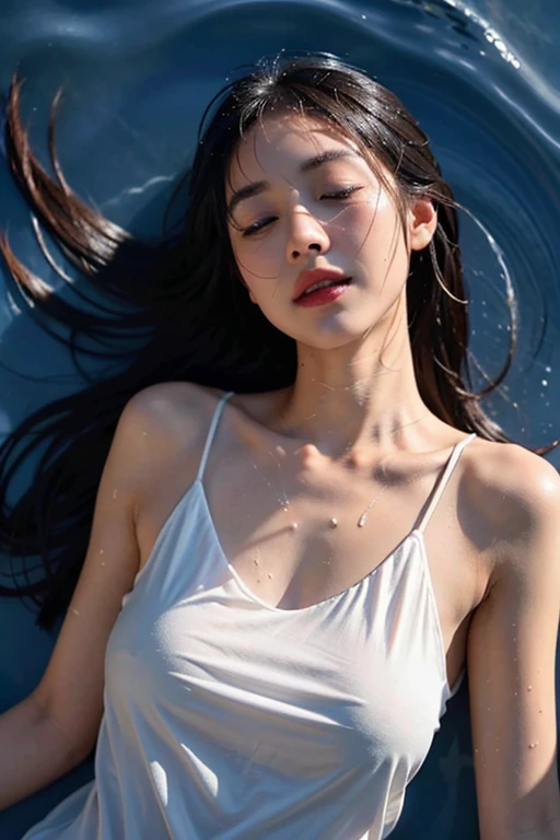 Best image quality, masterpiece, ultra high resolution, (fidelity: 1.4), (lying on the floor, overhead view) photo, one girl, [(sadness)], white shirt, dim, dark, hopeless, pathetic, cinematic, tears, tears, (torn clothes: 1.5), (wet clothes: 1.4), bare shoulders, real rain, wet hair,..