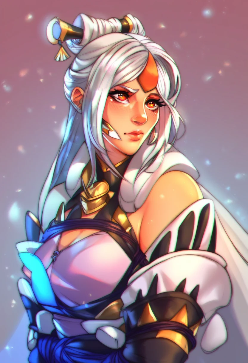 (best quality)), ((masterpiece)), 1 girl, Soft expression，happy，Smiley Face，Big boobs, Big Ass, Good shape, White hair, Tights, Red iris, Big and bright eyes, Long eyelashes, Small, pale natural lips, Small chin, (Perfect four fingers, 1 thumb)