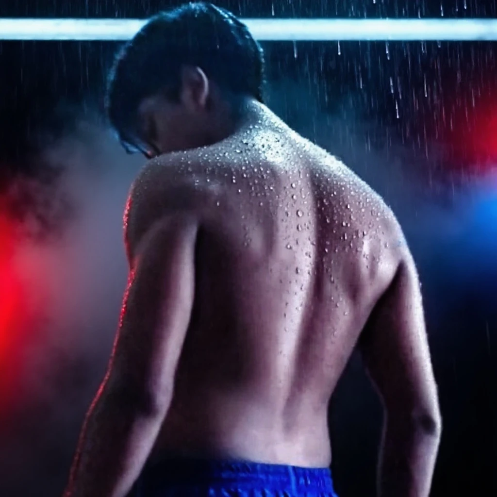 A skinny young south asian man in wet silk shorts screams while crucified in a torture chamber with lightning bolts in the background