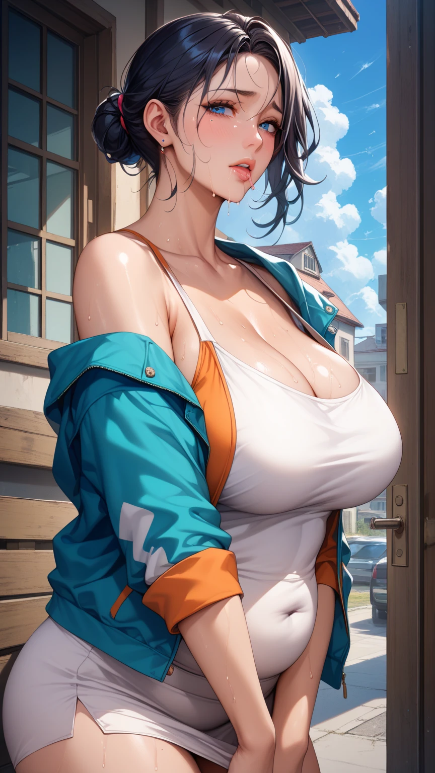 extremely delicate and beautiful, Amazing, finely detail, masterpiece, ultra-detailed, highres,best illustration, best shadow,intricate,sharp focus, high quality, woman, solo, purple long hair, curvy, milf, giant breasts, sexy body, crop t-shirt, black yoga pants, light brown eyes, Alien planet, lots of smoke background, spaceship wreckage