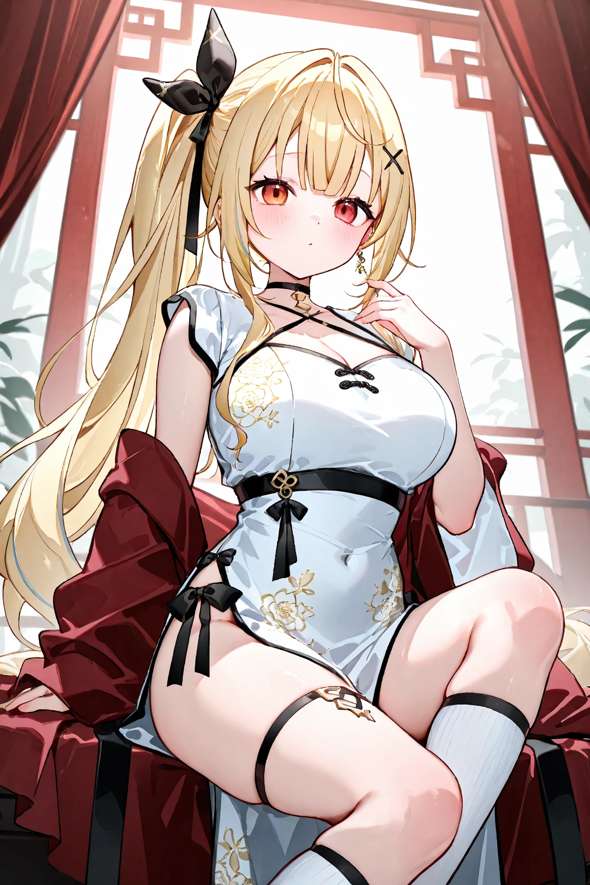 (MASTERPIECE), (Best Quality), (Ultra Detail), (Best Anatomy), Official Art, One Girl, Lori with Light Colored Hair, Petite Little Girl, Priestess, Silk Hakama, Small Breasts, Cleavage, Off Shoulder, Side Boob, Thigh Focus, Wet Sheer, Chest Stretching, Card Illustration Style, Shrine, Lake