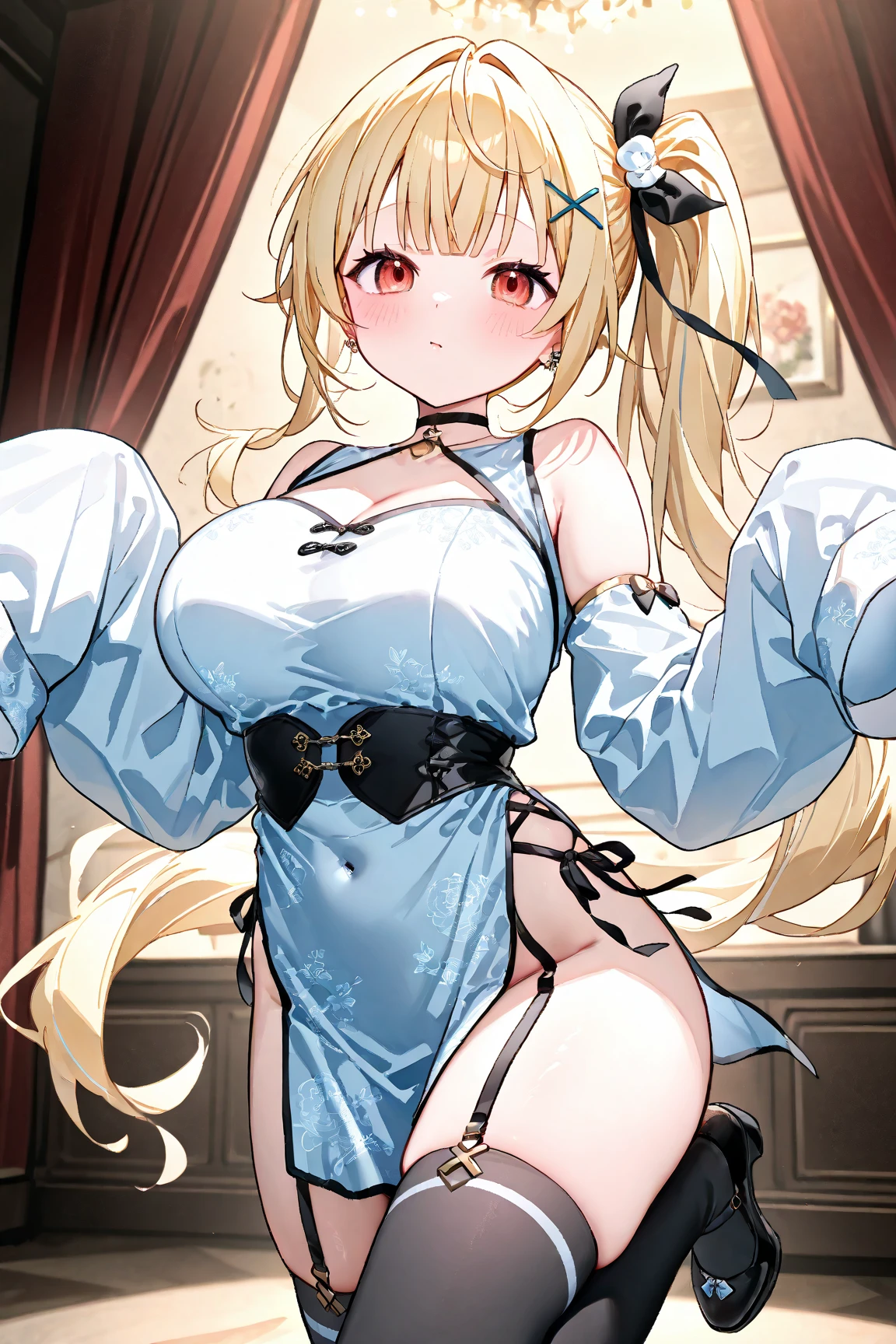 (masterpiece, best quality, very aesthetic, absurdres, :1.2), (1girl, blonde hair, :1.3), kawaii, (puffy nipples:1.4), blushing, crying with defloration, (sad despair smile:1.0), lost_virgin blood from pussy, (defloration blood:1.3), The painting depicts a beautiful woman standing by a sunlit window in a luxurious resort suite. She is wearing a white monokini, the elegant design of which beautifully accentuates her ample H-cup breasts and narrow waist. The monokini features a captivating circular cutout at the chest, where silver ring links shine gracefully. Her high-cut bottoms make her fair skin look even more beautiful and highlight her beautiful legs.
Her face is very beautiful, her blonde hair sparkles in the sunlight, and her blue eyes are as clear as the clear sky. Her expression is calm, and her confident smile softens the atmosphere around her. Her skin is very white, soft and smooth, and shines in the bright sunlight.
At the back of the room, a pool sparkles, and beyond that the blue sea spreads out. She stands by a wide window, enjoying the beauty of her surroundings in a relaxed position as the soft silk curtains flutter in the wind. The furniture and decorations in the room are also sophisticated, enhancing her elegant figure.
She also enjoys wearing garter belts and garter stockings, which she finds attractive. She also loves to wear them with babydoll negligees, which enhance her beauty. She has attractive thighs, which she often receives compliments on, and which she also enjoys.
Her posture, facial expression, monokini and other accessories are in perfect harmony, giving her a sensual yet elegant impression. Her attractive figure and the luxurious environment combine to make this scene captivating.
