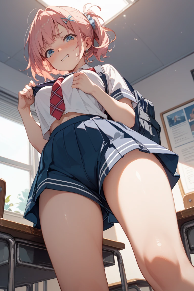 Pink hair Pink eyes、 girl、Small breasts、Hair Bun、girl、Small breasts、A cheerful smile、Looks about 15 years old、Petan Musume、He is short【prompt】
BREAK (Japanese school old style sportswear:1.3), ((soft cotton material, non-shiny material):1.3), (oversized soft cotton short sleeve white tunic with U-neck:1.4), (blue lines on tops outline:1.3), ((Slim fit, closed-fitting) (deep-blue panties shorts, soft cotton deep-blue competition micro shorts, soft cotton deep-blue bloomers):1.3), ((groin, upper thigh skin):1.3), (white socks:1.3), (sports shoes:1.2),