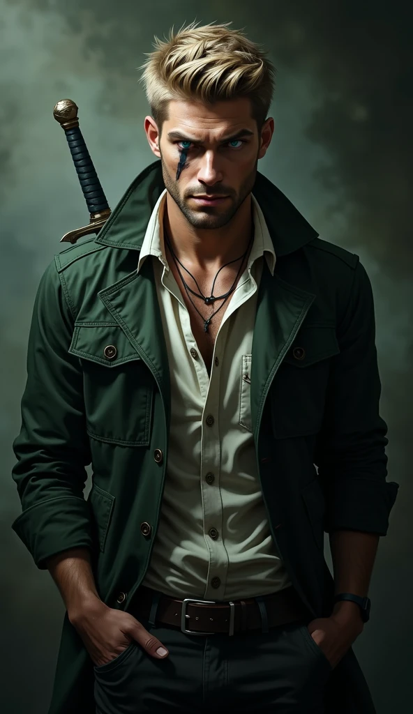 Chasseur de vampire, homme d'une trentaine d'années. He has short blond hair, He is unshaven, il a des yeux vert, he has a visible scar that goes through his right eye. A sword stored in its sheath is attached to his belt.