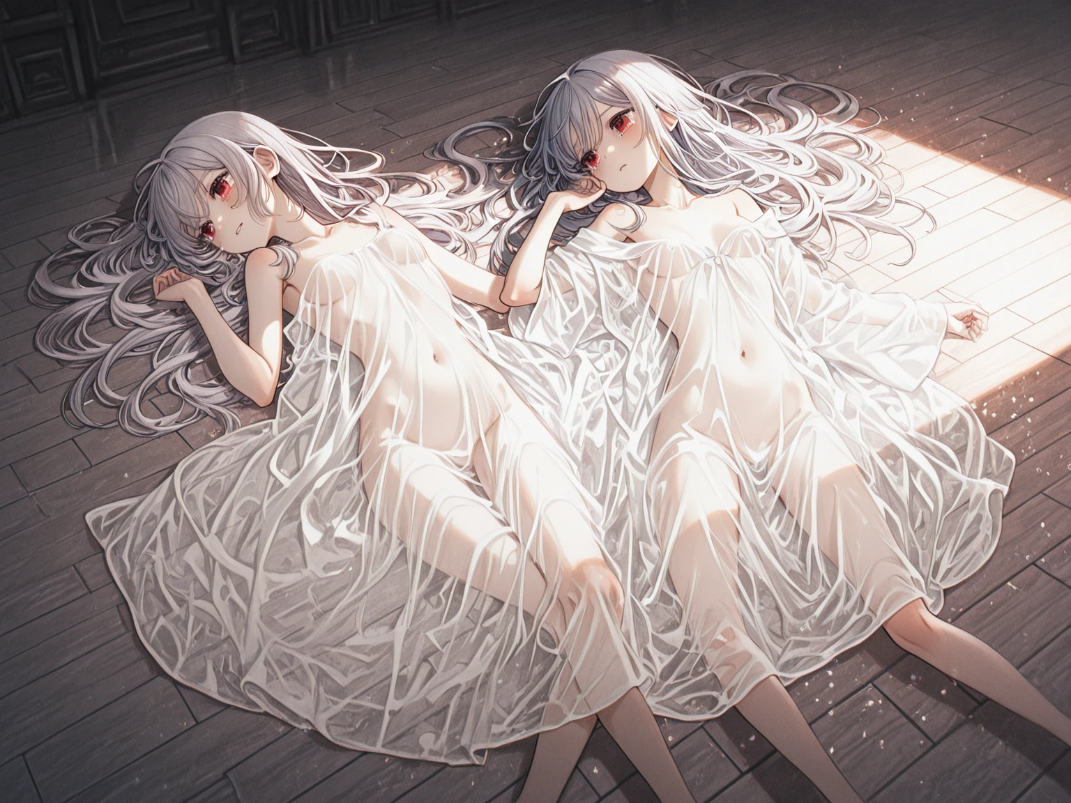 A high resolution, masterpiece, Very detailed, Two girls, twins, short stature, Very long hair, flat chest, naked, White bangs,  full length, Front angle, 