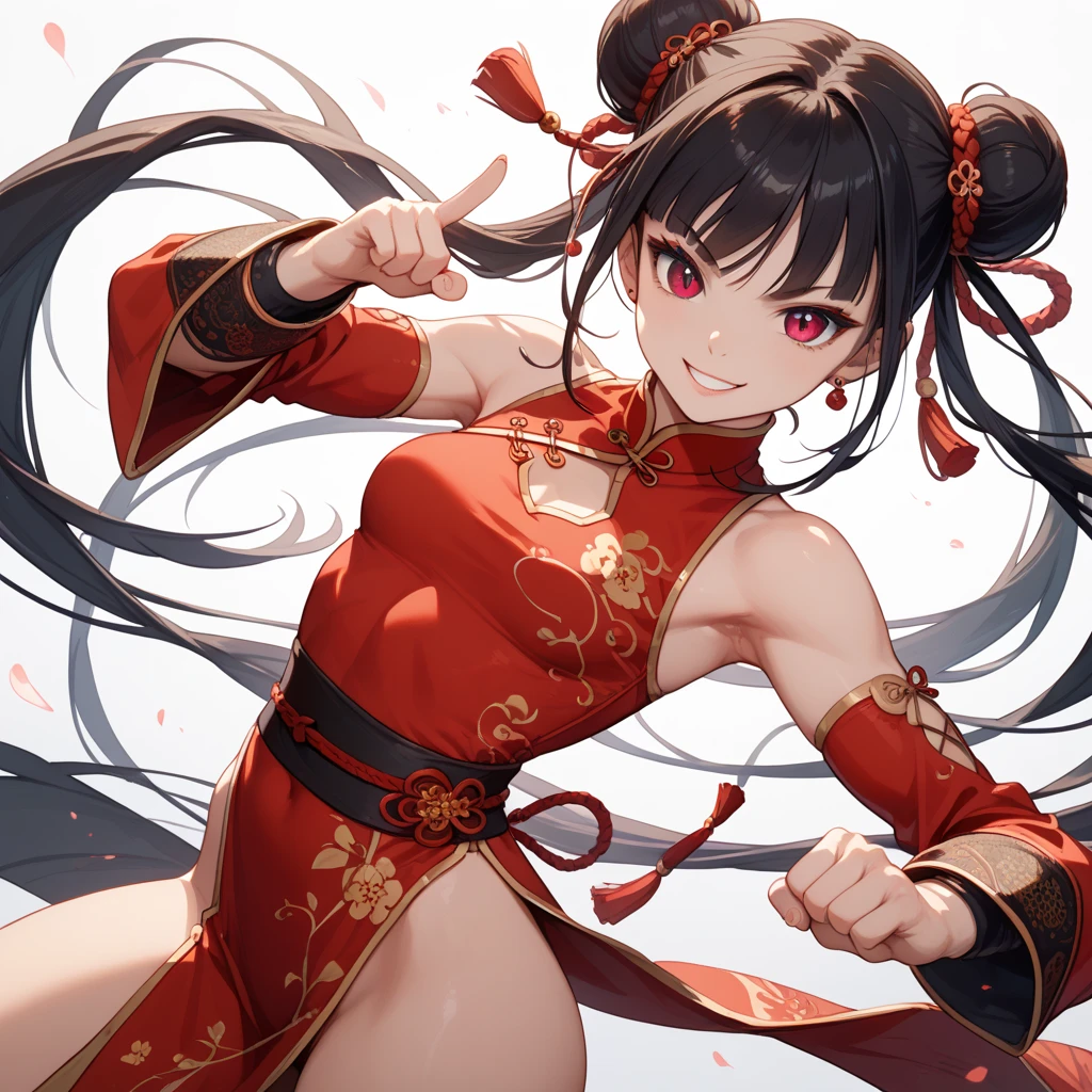 masterpiece, best quality, 1girl, solo, thighhighs, chinese-clothes, gloves, very-long-hair, dress, hair-bun, twintails, china-dress, red-dress, double-bun, black-thighhighs, brown-hair, brown-eyes, full-body, red-footwear, pelvic-curtain, looking-at-viewer, bandages, blush, standing, breasts, bangs, armlet, sleeveless, fighting-stance, sleeveless-dress, brown-gloves, bare-shoulders, v-shaped-eyebrows, bandaged-arm, side-slit, leg-up, medium-breasts, gradient-hair, boots, ankle-boots, floating-hair, closed-mouth, simple-background, hand-up, blunt-bangs, sash