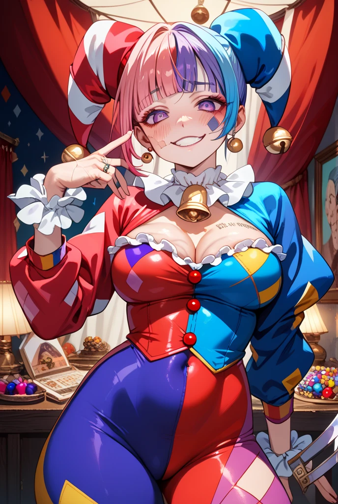 Clown woman, sexy clown woman, clown makeup, jester, jester makeup, smiling, sipping on brandy, sipping on champange, spotlight, big breasts, clown girl, sexy clown