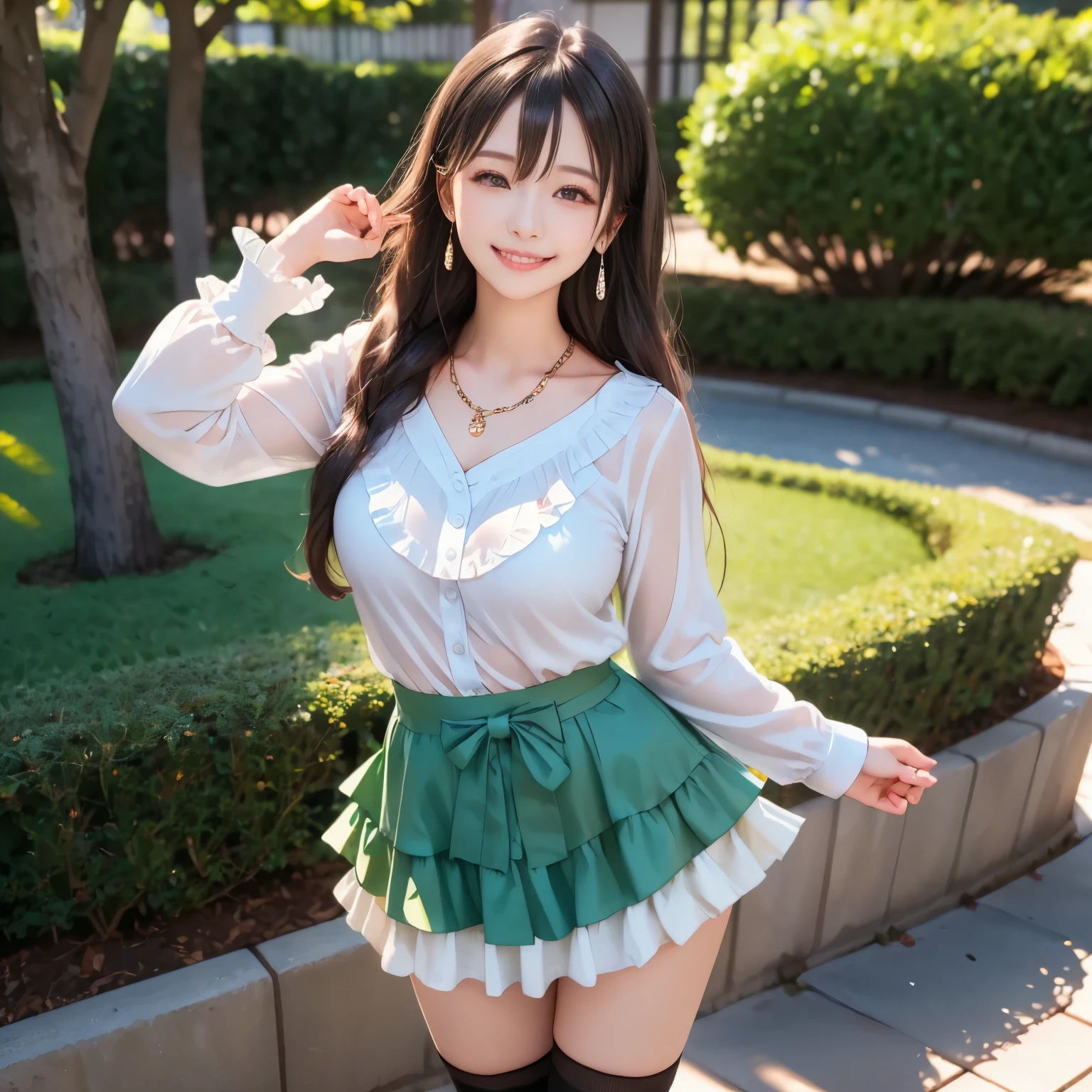 (masterpiece,best quality: 1.4),(8k,raw photo,photo realistic:1.2),shiny skin, detailed skin,detailed face,detailed eyes,Japanese idol,beautiful face,Park with flower beds,Blue Sky,Beautiful lawn,Beautiful girl,beautiful Japanese woman,Beautiful Like a Goddess,has a well-groomed face,(long hair,wave hair:1.4),(hair ornament,necklace,earrings, (happy smile:1.4), (frill shirt:1.2), (tiered skirt:1.2),(black knee-high socks:1.2),(standing in a cute pose),